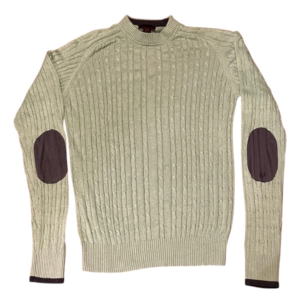 Born Silk Cashmere Blend Cable Knit Suede Elbow Patch Mint Green Sweater L EUC